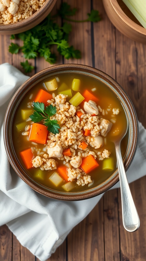 A bowl of quinoa chicken broth soup with carrots and celery, garnished with parsley, on a rustic table.